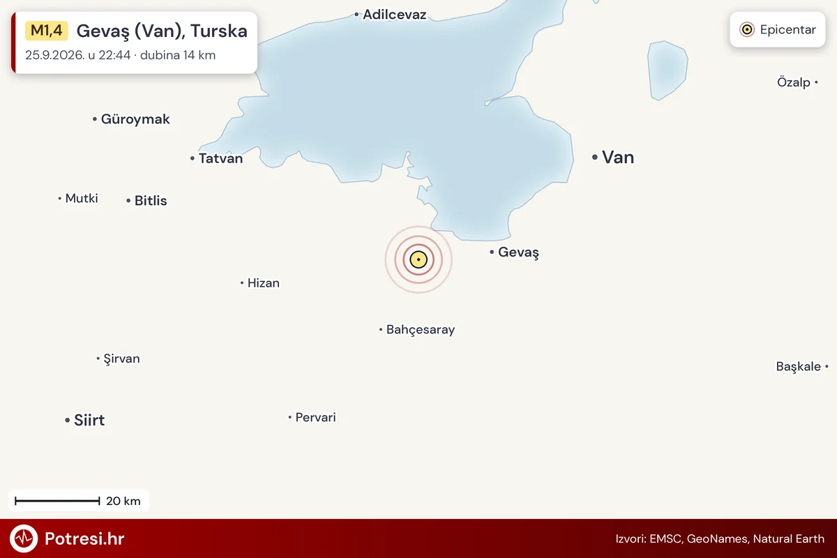 Karta: šire područje i vjerojatni doseg osjeta, potres M1,4, Gevaş (Van), Turska, 25.9.2026.