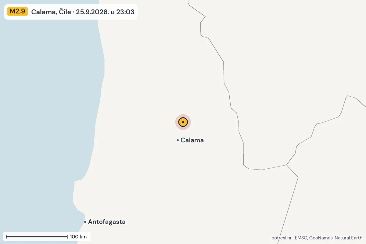 Karta: šire područje, 600 km, potres M2,9, Calama, Čile, 25.9.2026.