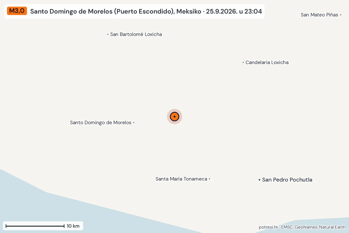 Karta: okolica epicentra, 60 km, potres M3,0, Santo Domingo de Morelos (Puerto Escondido), Meksiko, 25.9.2026.