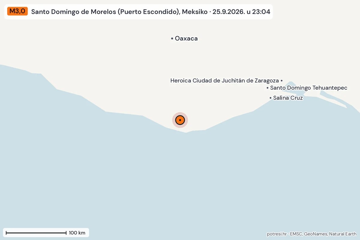 Karta: šire područje, 600 km, potres M3,0, Santo Domingo de Morelos (Puerto Escondido), Meksiko, 25.9.2026.