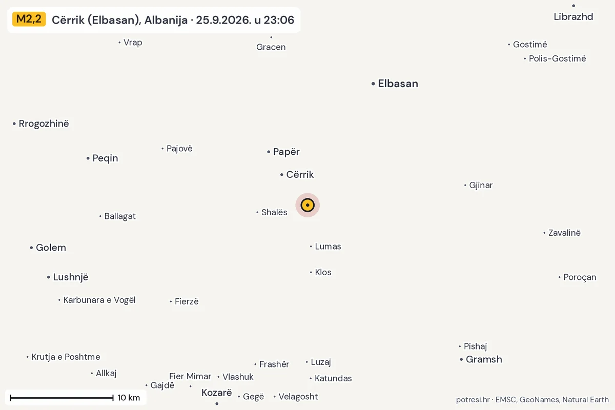 Karta: okolica epicentra, 60 km, potres M2,2, Cërrik (Elbasan), Albanija, 25.9.2026.