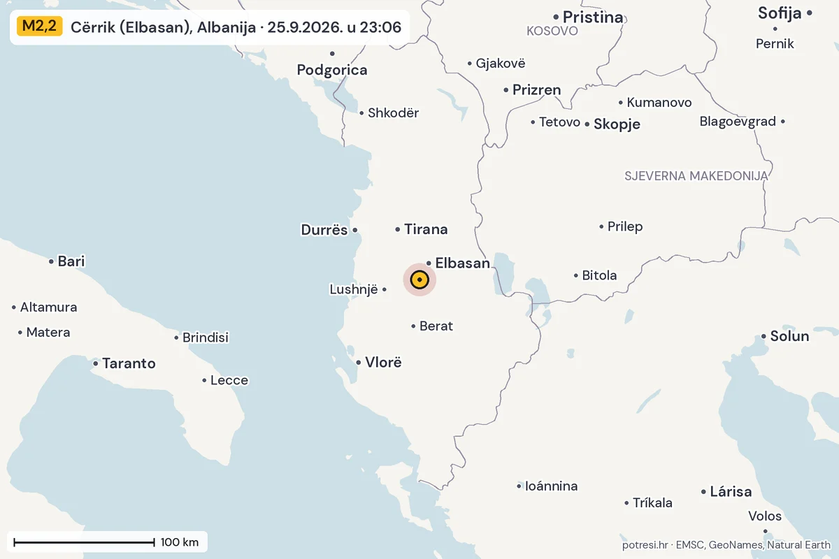 Karta: šire područje, 600 km, potres M2,2, Cërrik (Elbasan), Albanija, 25.9.2026.