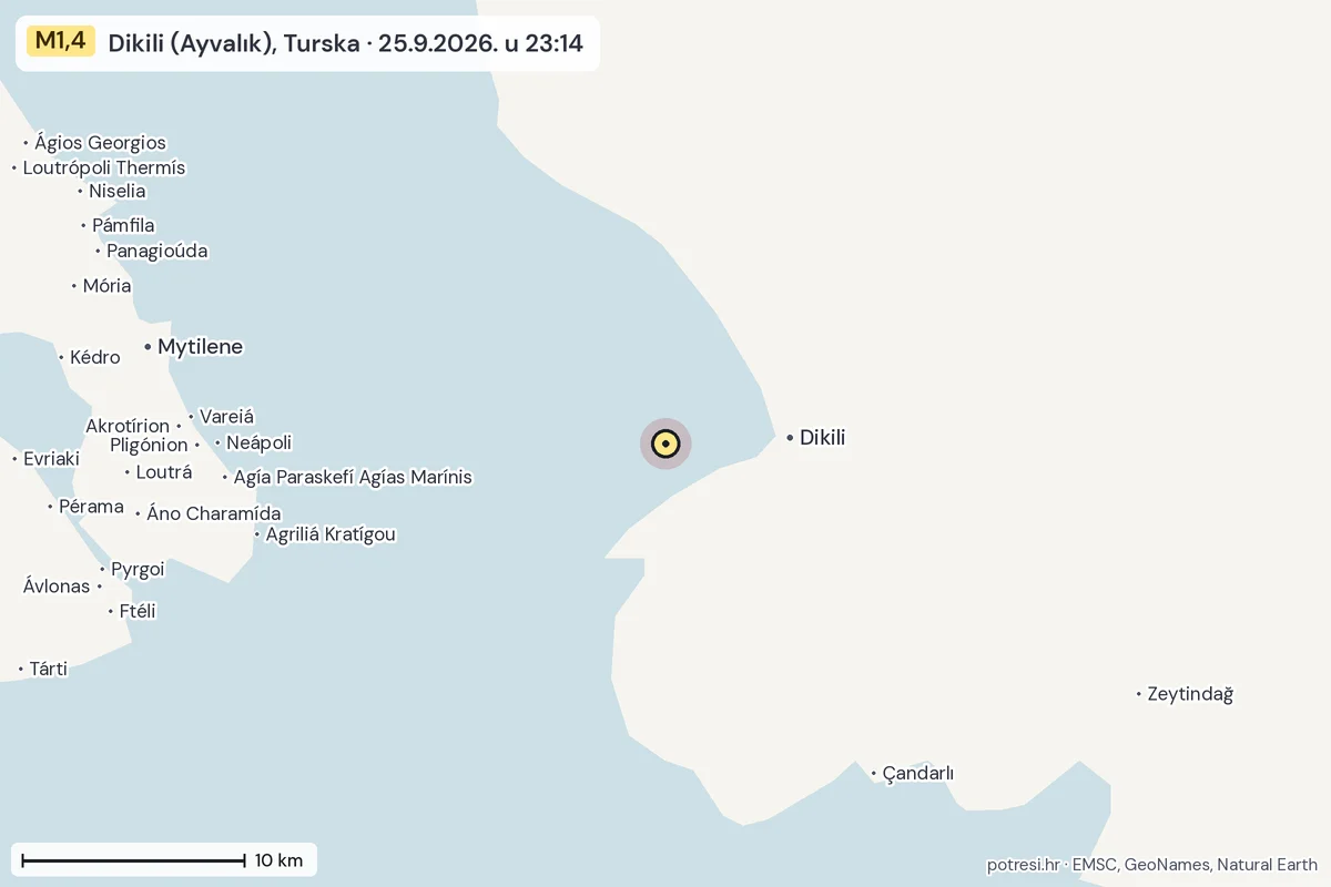 Karta: okolica epicentra, 60 km, potres M1,4, Dikili (Ayvalık), Turska, 25.9.2026.
