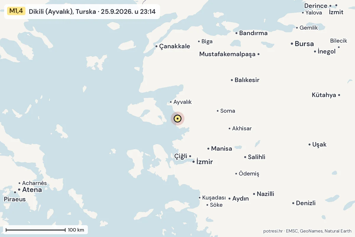 Karta: šire područje, 600 km, potres M1,4, Dikili (Ayvalık), Turska, 25.9.2026.