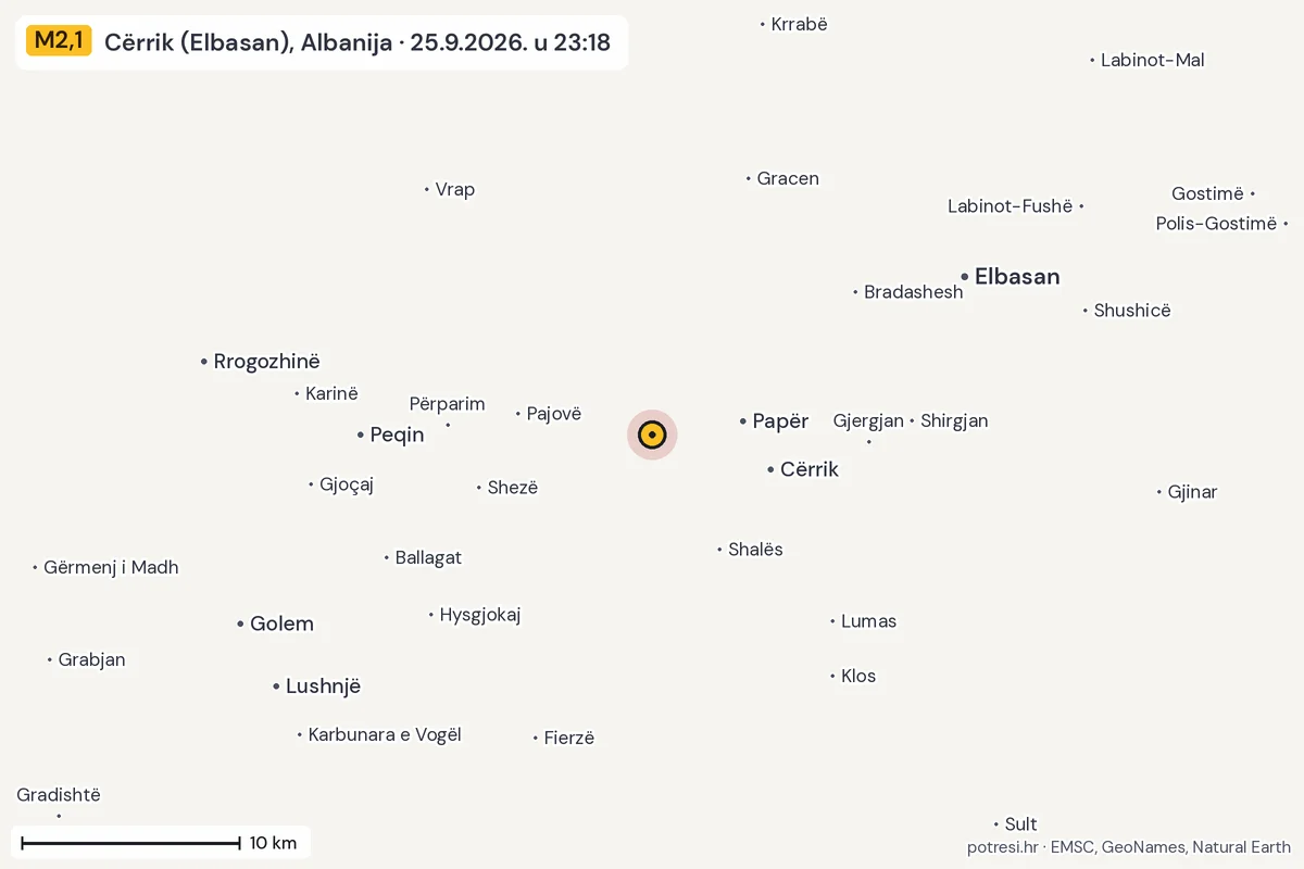 Karta: okolica epicentra, 60 km, potres M2,1, Cërrik (Elbasan), Albanija, 25.9.2026.