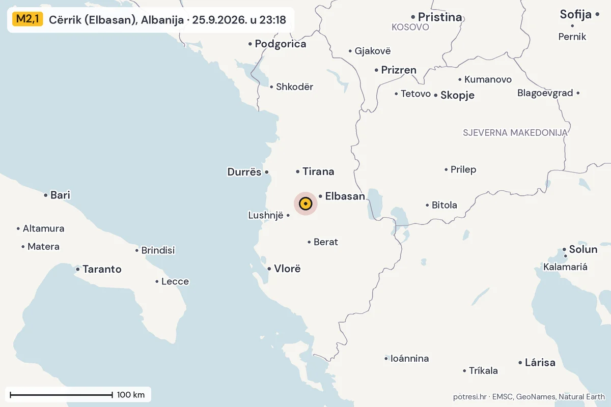 Karta: šire područje, 600 km, potres M2,1, Cërrik (Elbasan), Albanija, 25.9.2026.
