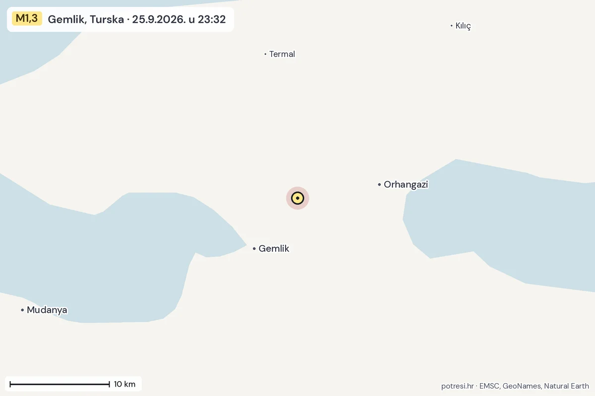 Karta: okolica epicentra, 60 km, potres M1,3, Gemlik, Turska, 25.9.2026.