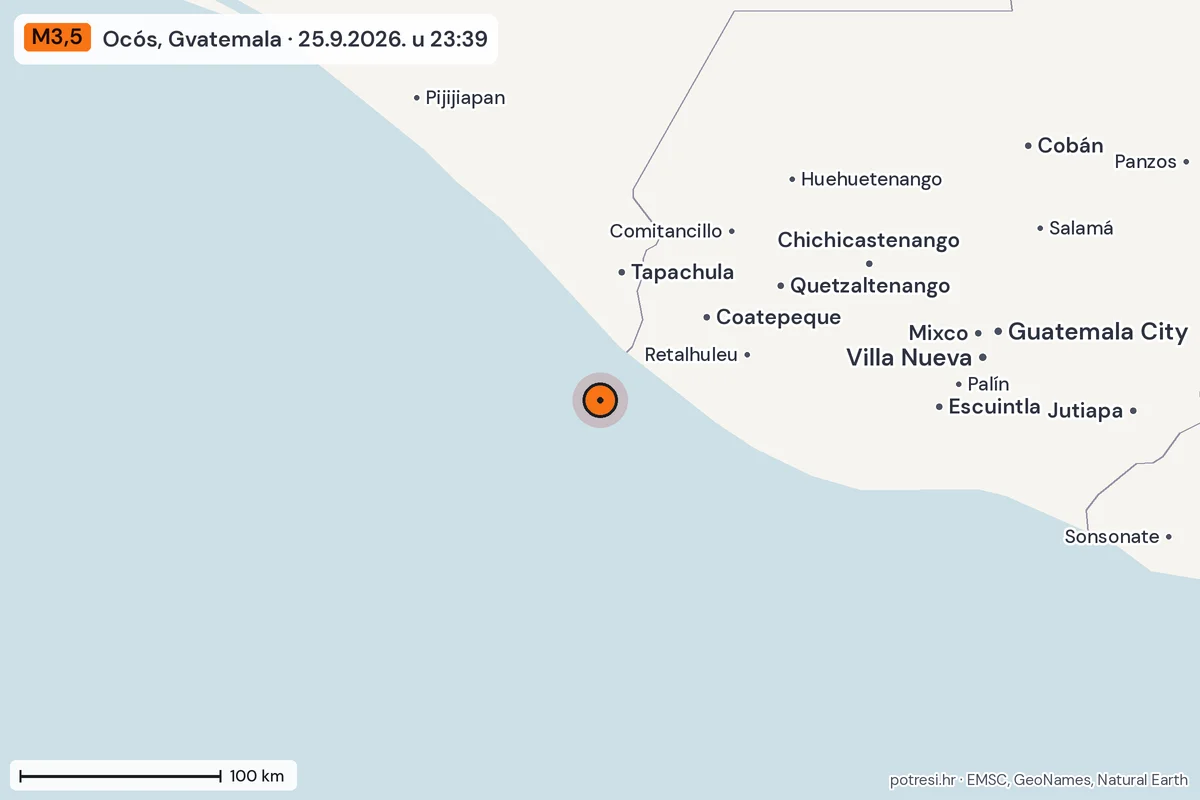 Karta: šire područje, 600 km, potres M3,5, Ocós, Gvatemala, 25.9.2026.