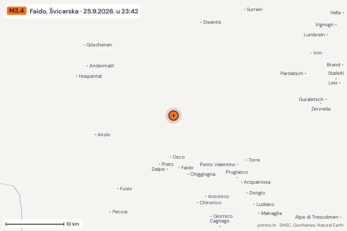 Karta: okolica epicentra, 60 km, potres M3,4, Faido, Švicarska, 25.9.2026.