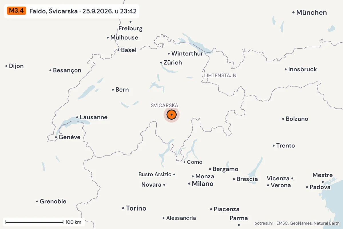 Karta: šire područje, 600 km, potres M3,4, Faido, Švicarska, 25.9.2026.