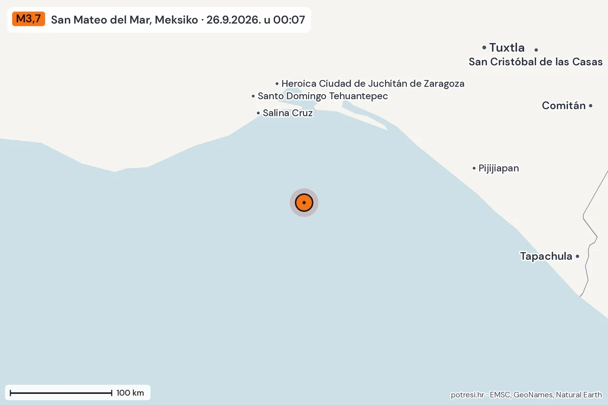 Karta: šire područje, 600 km, potres M3,7, San Mateo del Mar, Meksiko, 26.9.2026.