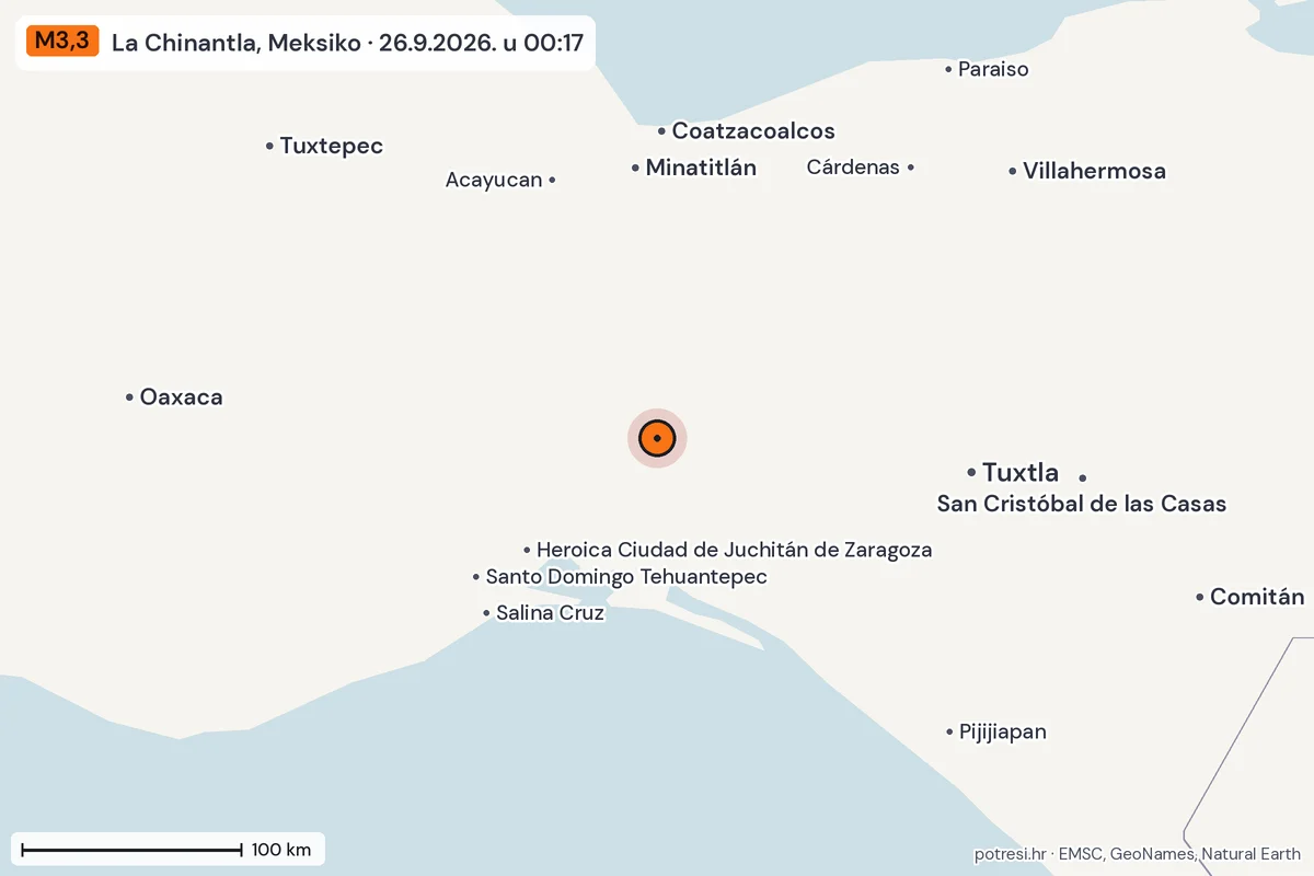 Karta: šire područje, 600 km, potres M3,3, La Chinantla, Meksiko, 26.9.2026.