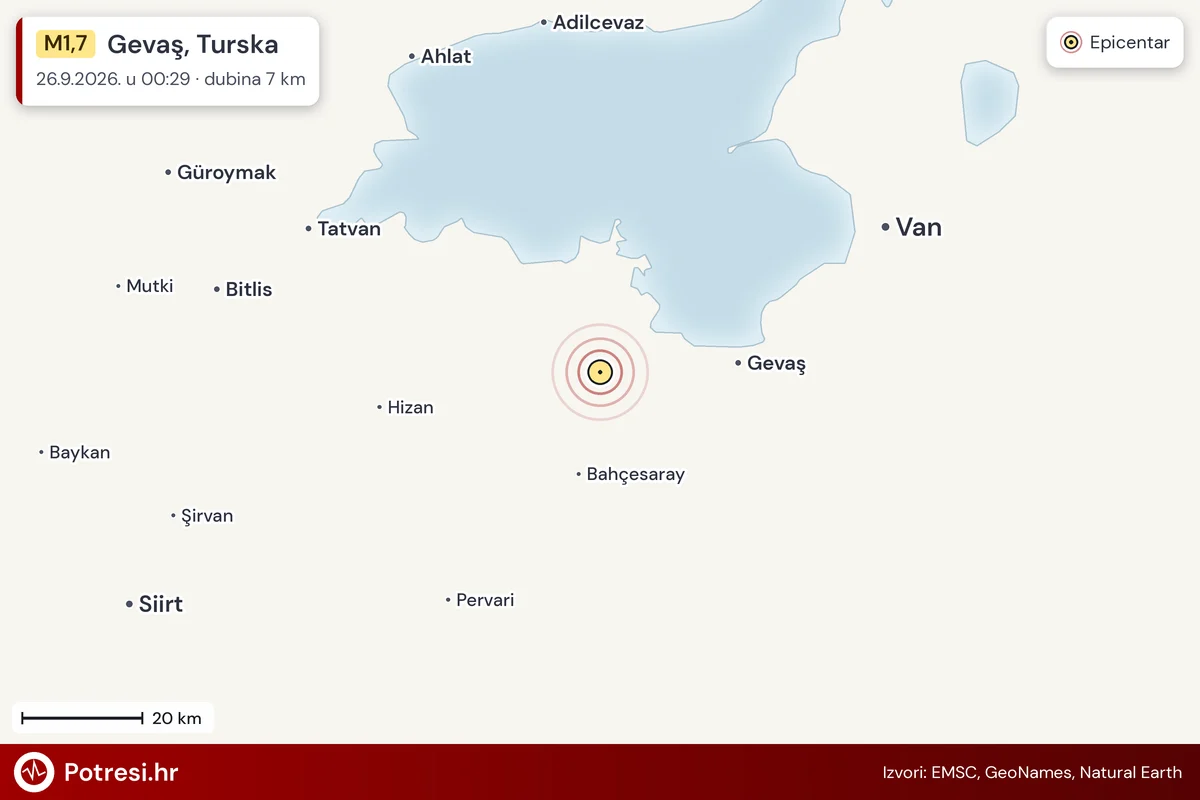 Karta: šire područje i vjerojatni doseg osjeta, potres M1,7, Gevaş, Turska, 26.9.2026.