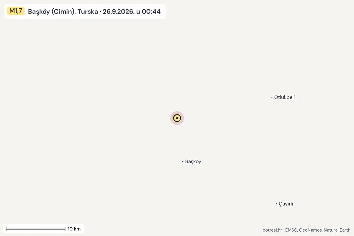 Karta: okolica epicentra, 60 km, potres M1,7, Başköy (Cimin), Turska, 26.9.2026.