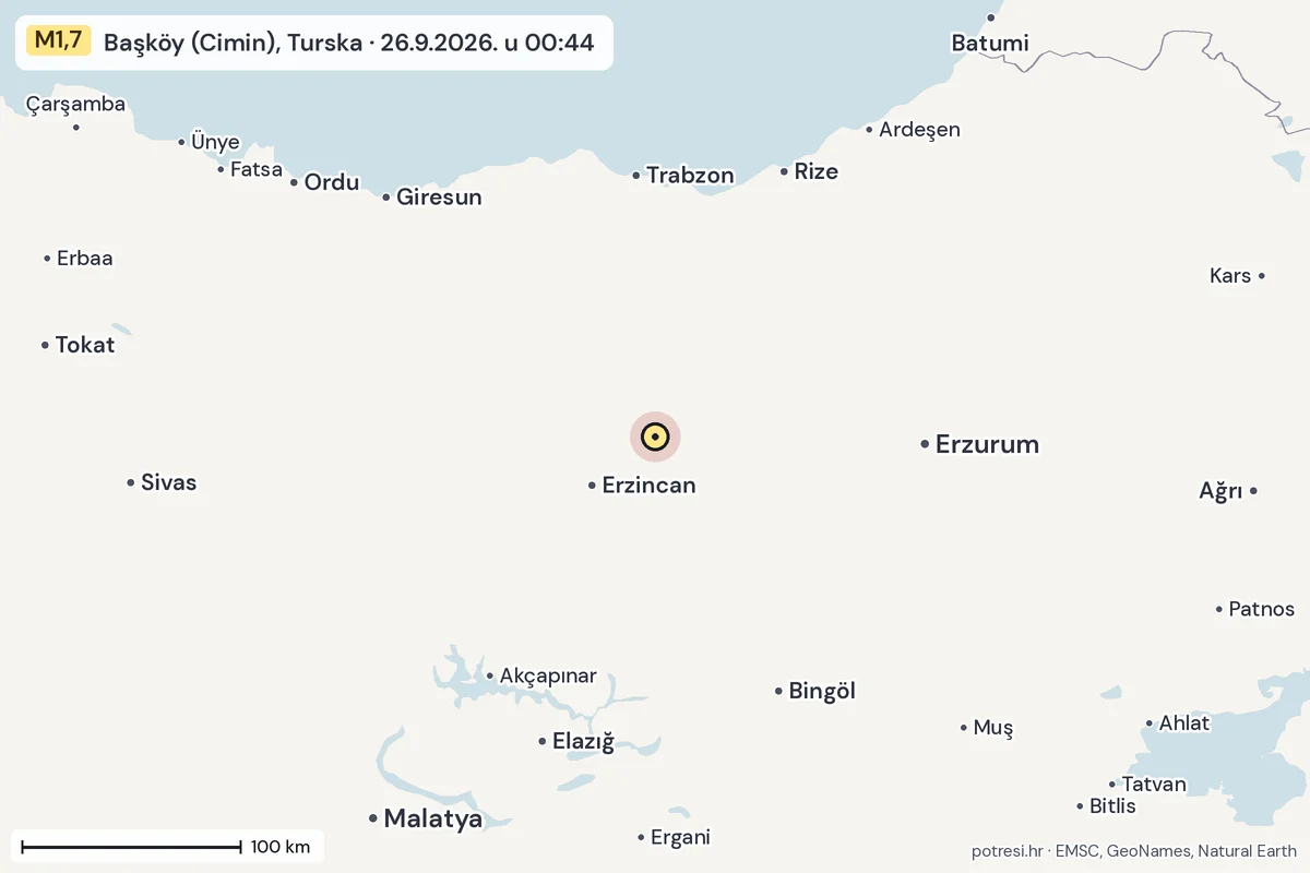 Karta: šire područje, 600 km, potres M1,7, Başköy (Cimin), Turska, 26.9.2026.