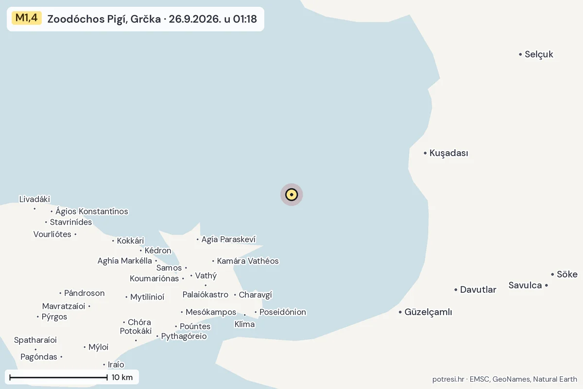 Karta: okolica epicentra, 60 km, potres M1,4, Zoodóchos Pigí, Grčka, 26.9.2026.