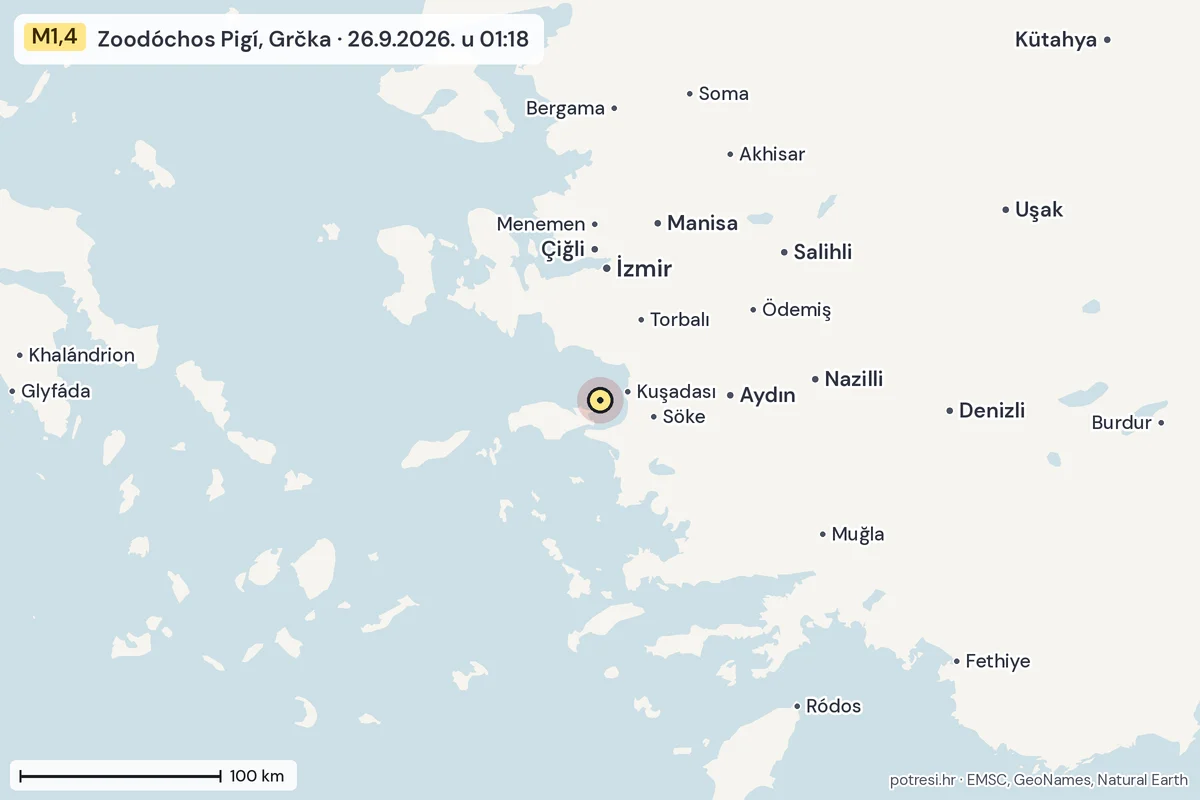 Karta: šire područje, 600 km, potres M1,4, Zoodóchos Pigí, Grčka, 26.9.2026.