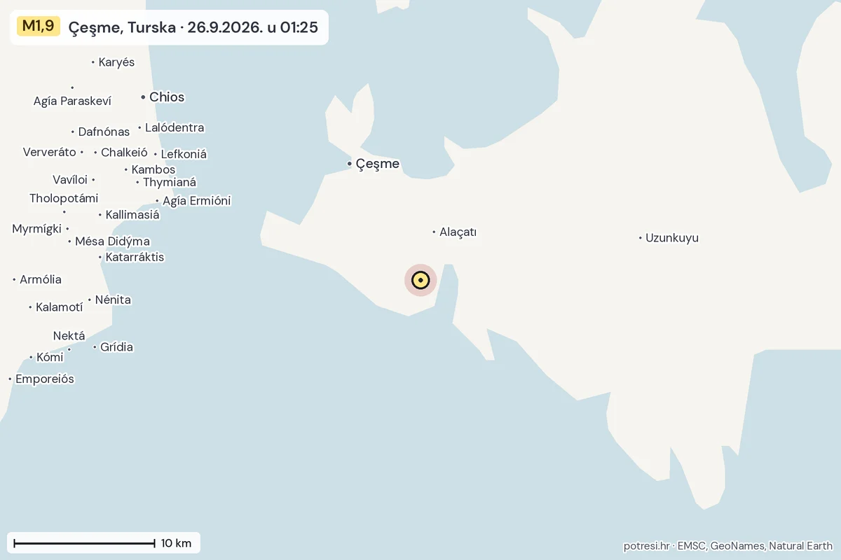 Karta: okolica epicentra, 60 km, potres M1,9, Çeşme, Turska, 26.9.2026.
