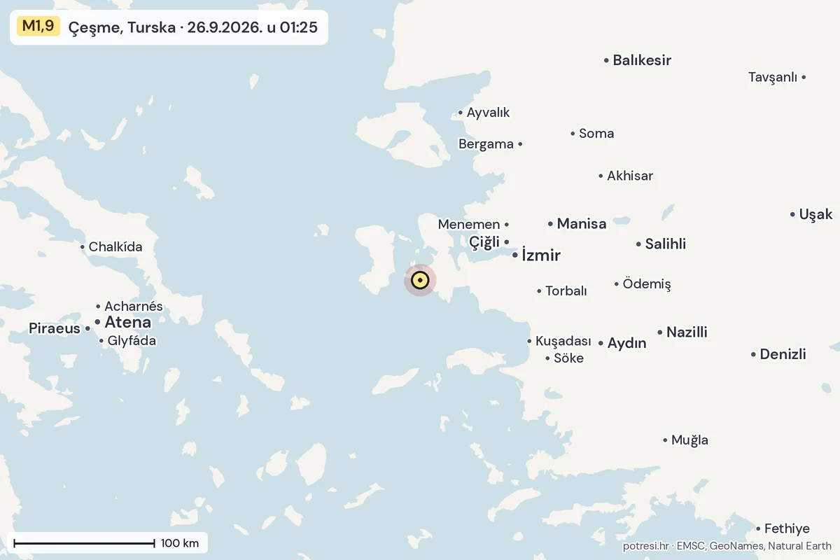 Karta: šire područje, 600 km, potres M1,9, Çeşme, Turska, 26.9.2026.