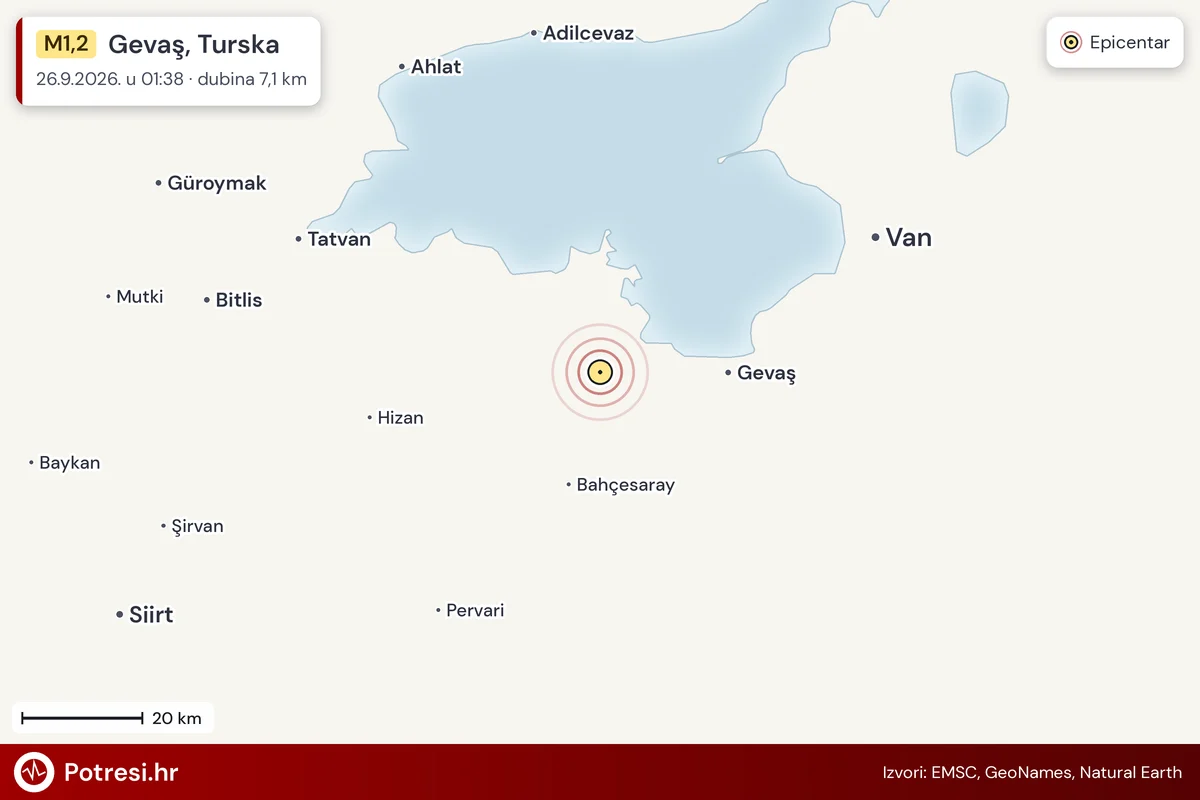 Karta: šire područje i vjerojatni doseg osjeta, potres M1,2, Gevaş, Turska, 26.9.2026.