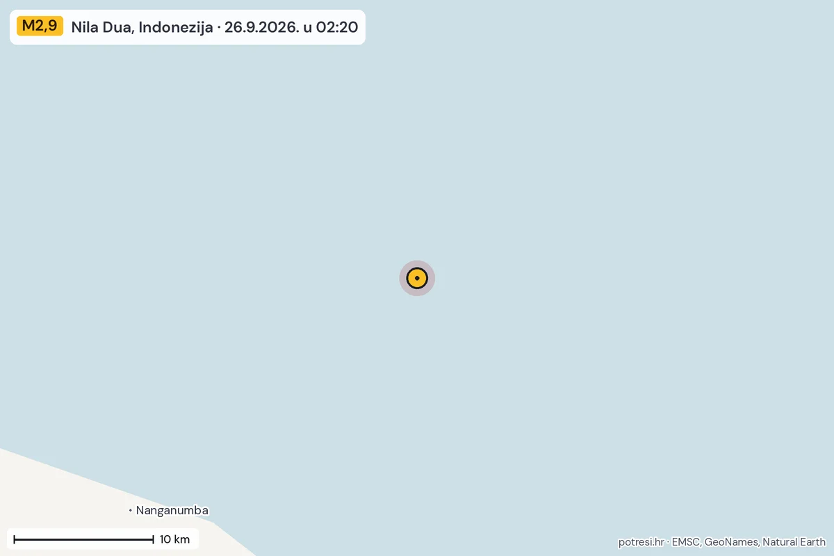 Karta: okolica epicentra, 60 km, potres M2,9, Nila Dua, Indonezija, 26.9.2026.