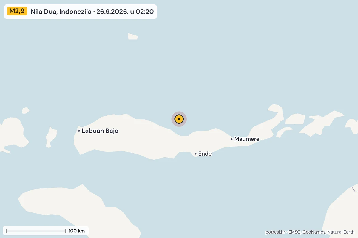 Karta: šire područje, 600 km, potres M2,9, Nila Dua, Indonezija, 26.9.2026.