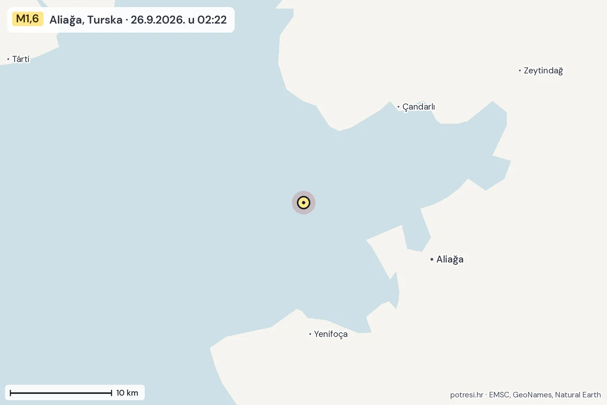 Karta: okolica epicentra, 60 km, potres M1,6, Aliağa, Turska, 26.9.2026.