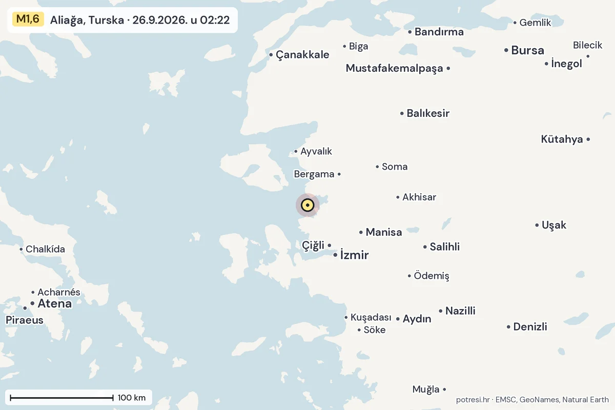 Karta: šire područje, 600 km, potres M1,6, Aliağa, Turska, 26.9.2026.