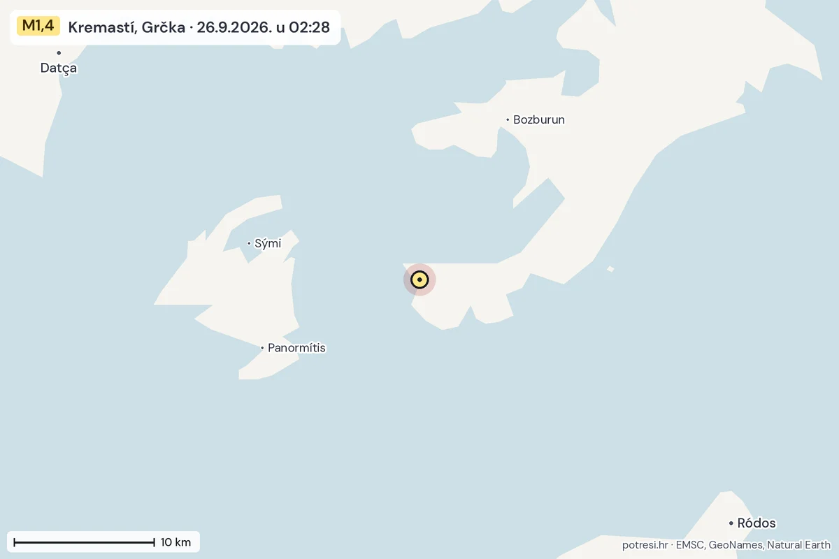 Karta: okolica epicentra, 60 km, potres M1,4, Kremastí, Grčka, 26.9.2026.