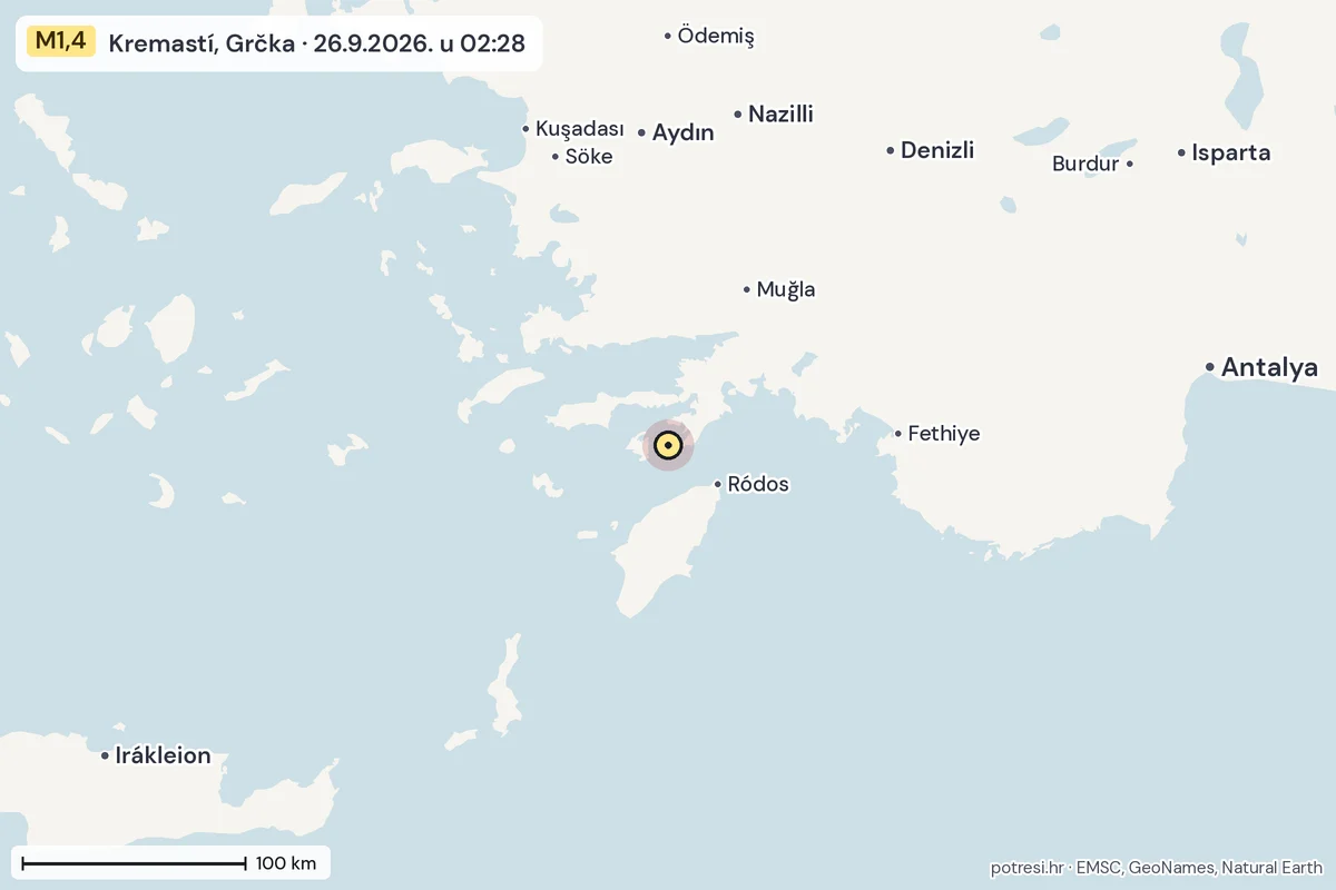 Karta: šire područje, 600 km, potres M1,4, Kremastí, Grčka, 26.9.2026.