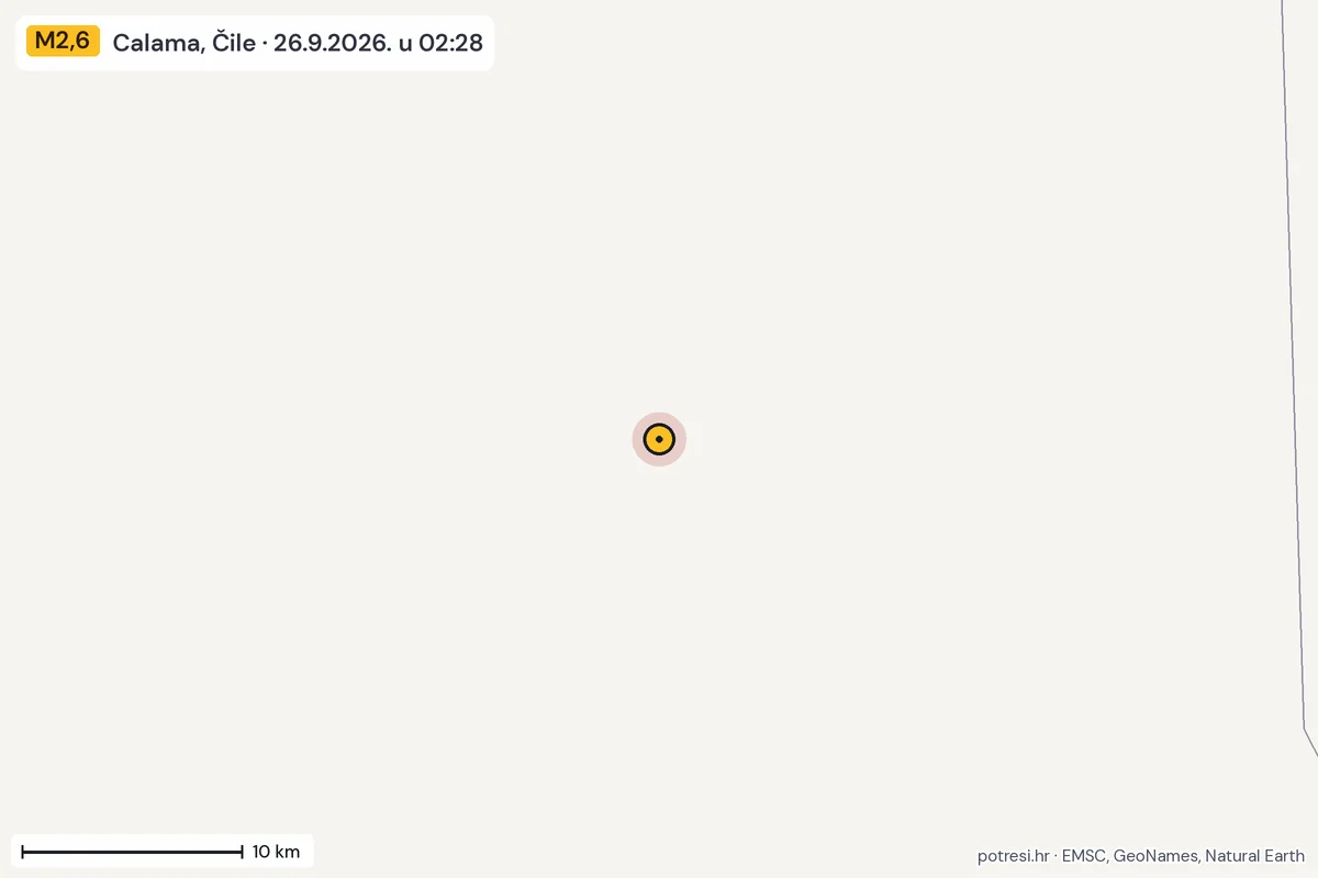 Karta: okolica epicentra, 60 km, potres M2,6, Calama, Čile, 26.9.2026.