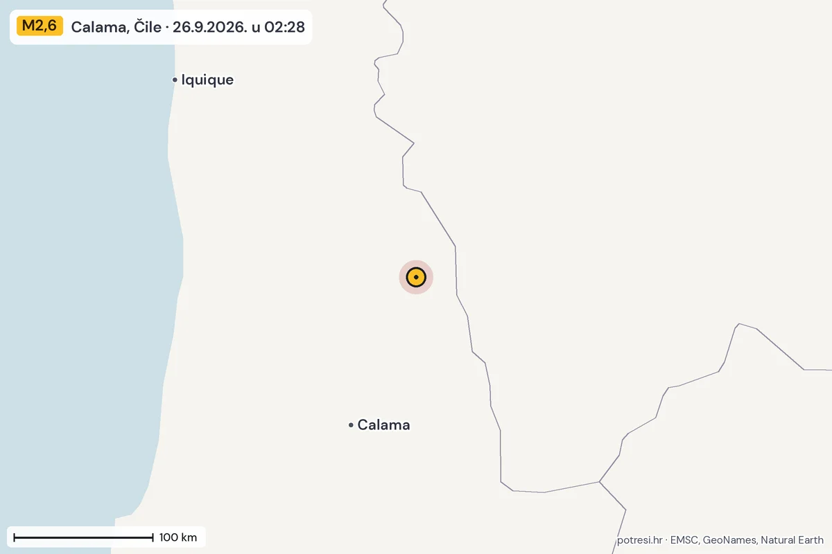 Karta: šire područje, 600 km, potres M2,6, Calama, Čile, 26.9.2026.