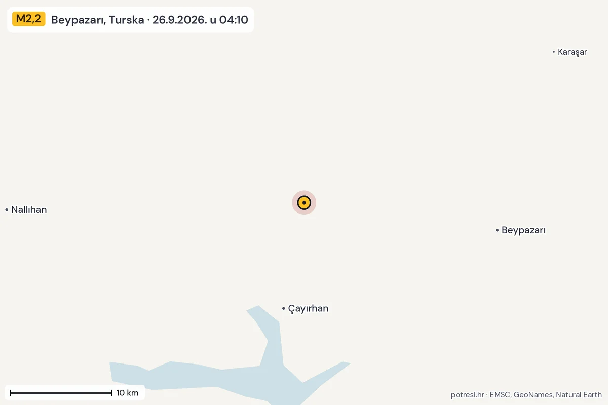 Karta: okolica epicentra, 60 km, potres M2,2, Beypazarı, Turska, 26.9.2026.