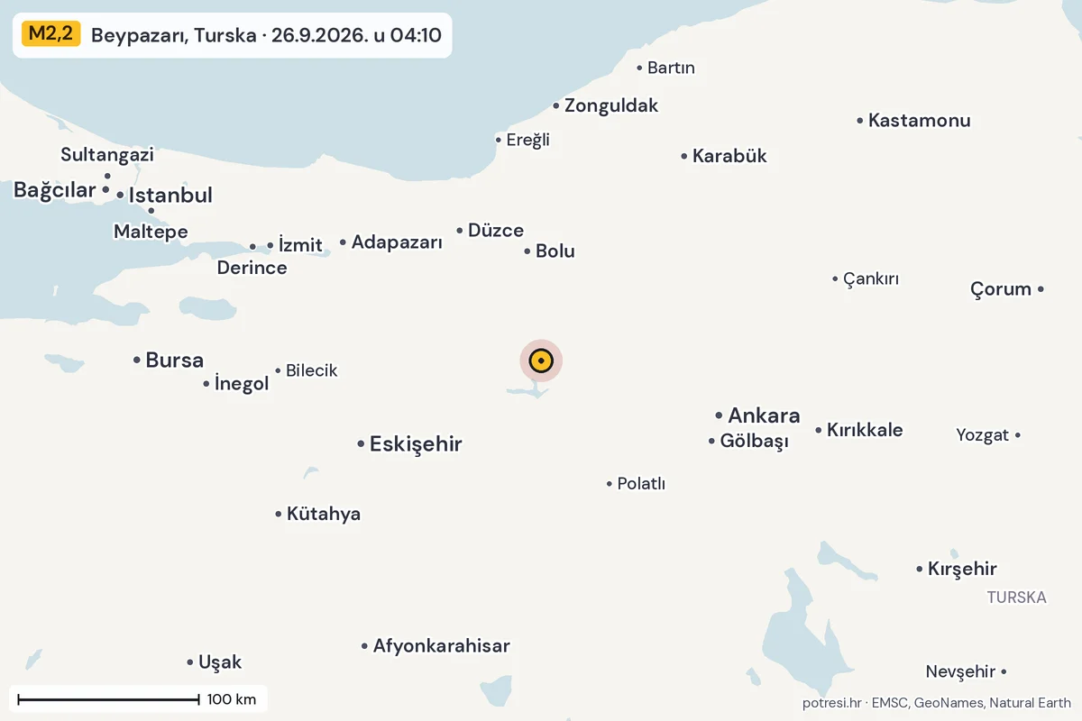 Karta: šire područje, 600 km, potres M2,2, Beypazarı, Turska, 26.9.2026.