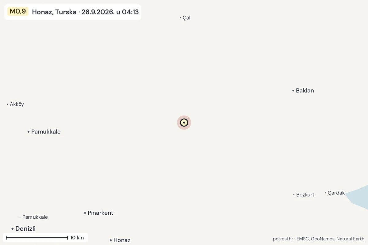 Karta: okolica epicentra, 60 km, potres M0,9, Honaz, Turska, 26.9.2026.