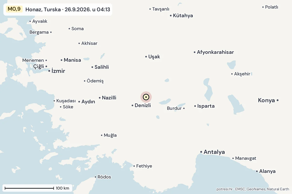 Karta: šire područje, 600 km, potres M0,9, Honaz, Turska, 26.9.2026.