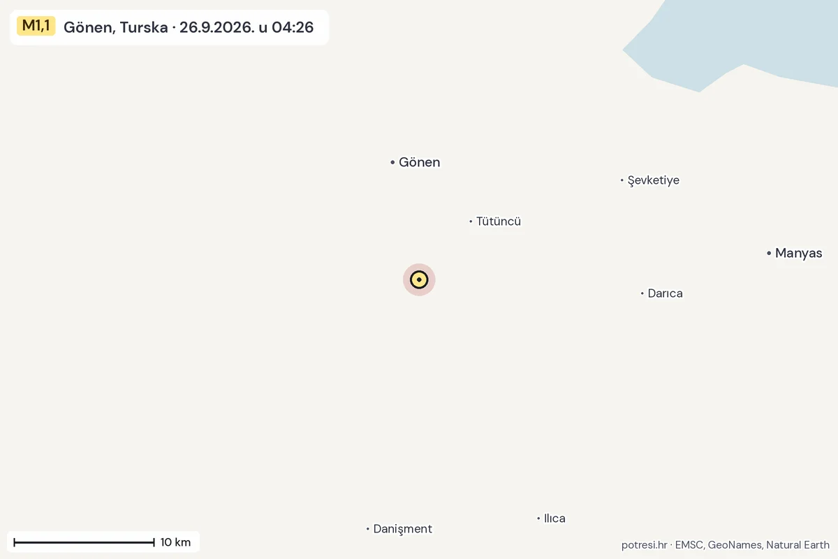 Karta: okolica epicentra, 60 km, potres M1,1, Gönen, Turska, 26.9.2026.
