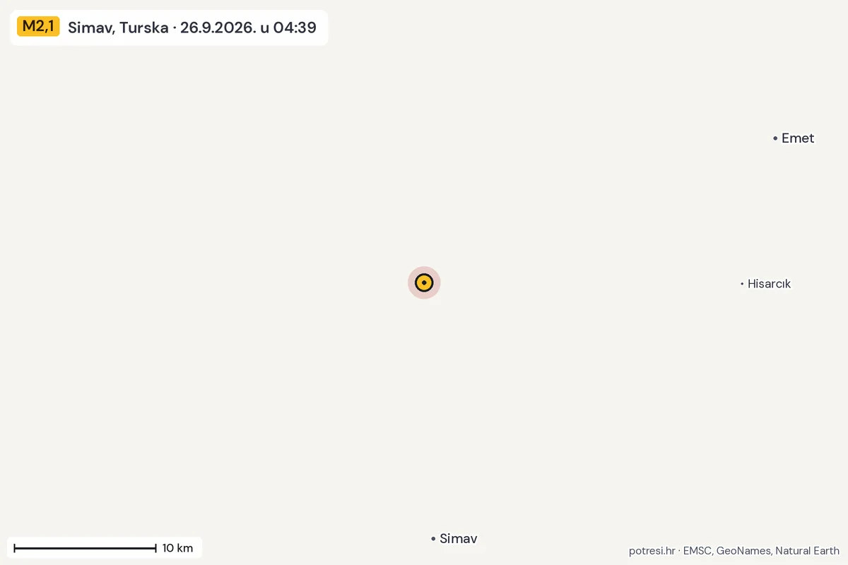 Karta: okolica epicentra, 60 km, potres M2,1, Simav, Turska, 26.9.2026.