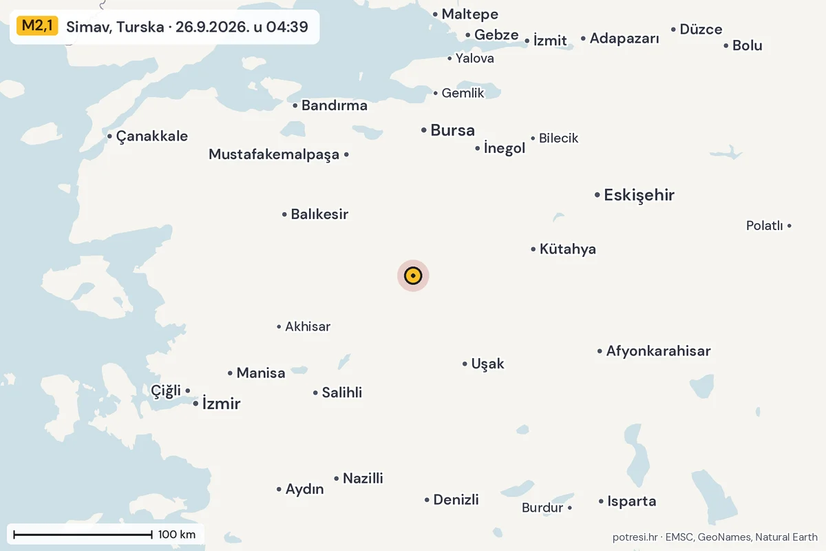 Karta: šire područje, 600 km, potres M2,1, Simav, Turska, 26.9.2026.