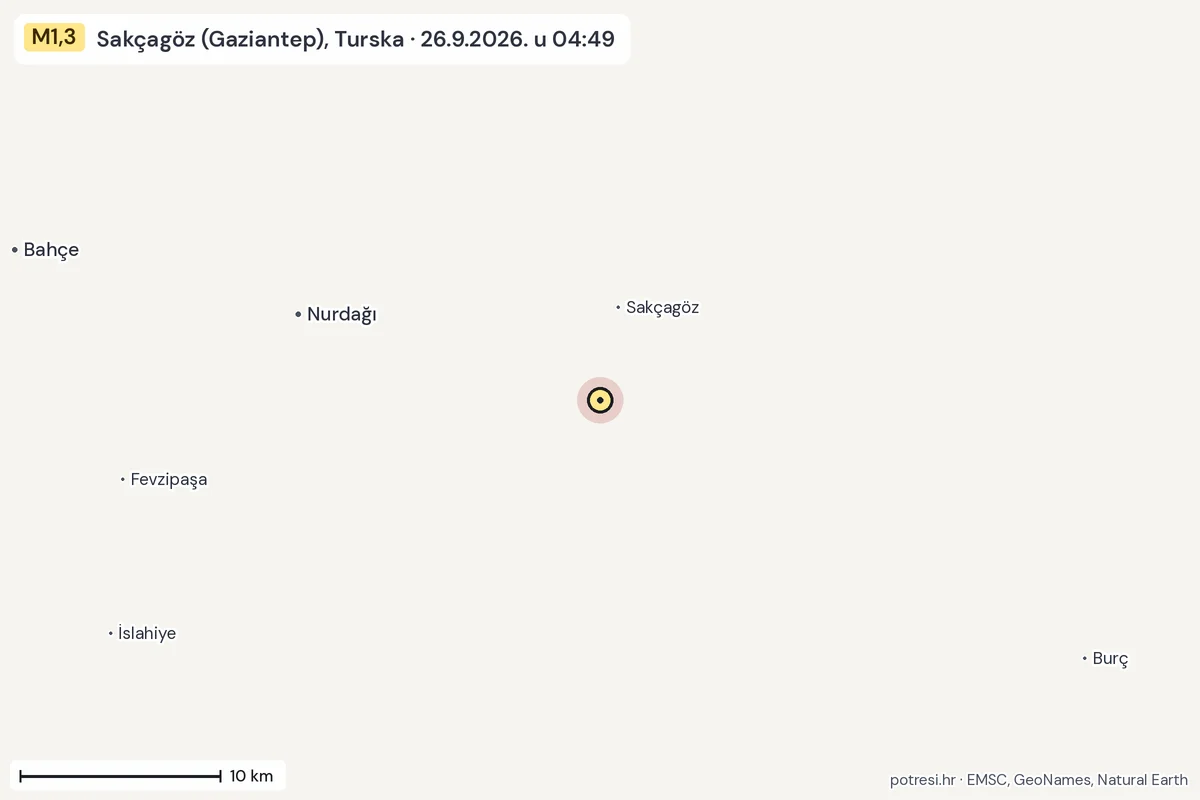Karta: okolica epicentra, 60 km, potres M1,3, Sakçagöz (Gaziantep), Turska, 26.9.2026.