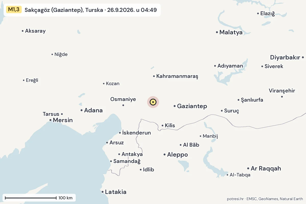 Karta: šire područje, 600 km, potres M1,3, Sakçagöz (Gaziantep), Turska, 26.9.2026.