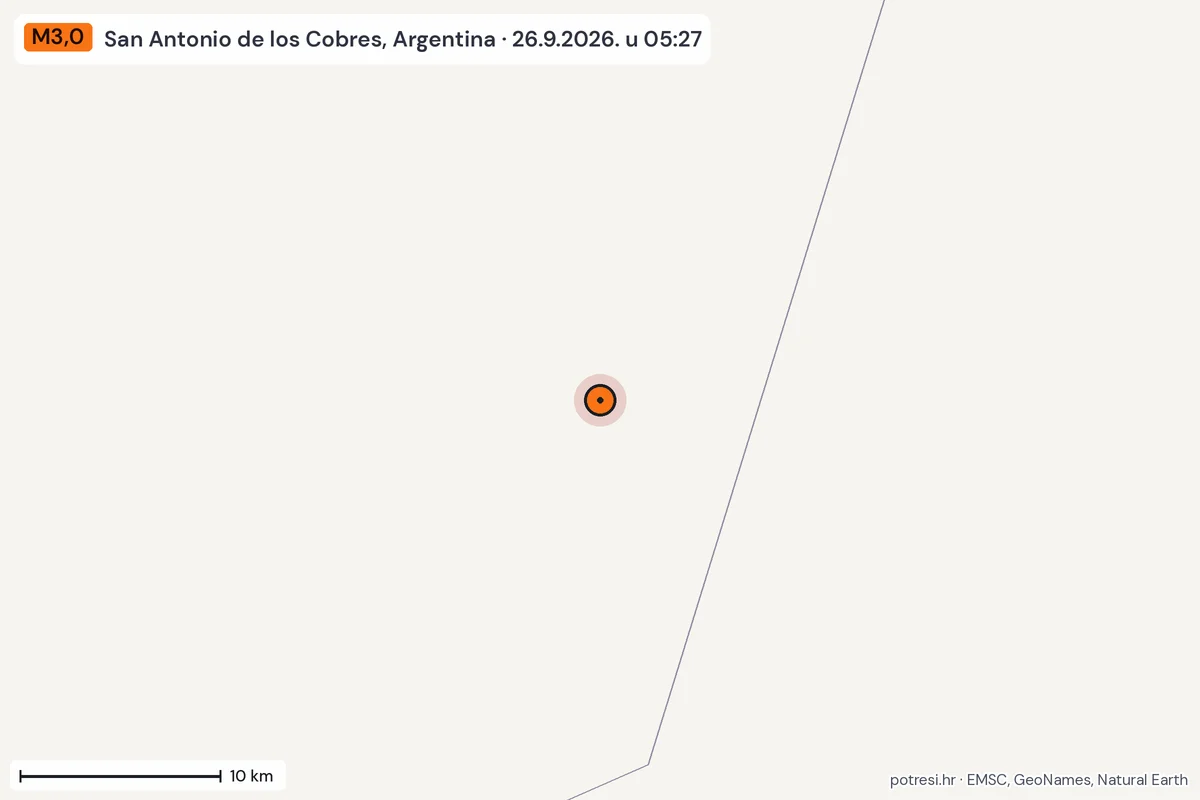 Karta: okolica epicentra, 60 km, potres M3,0, San Antonio de los Cobres, Argentina, 26.9.2026.