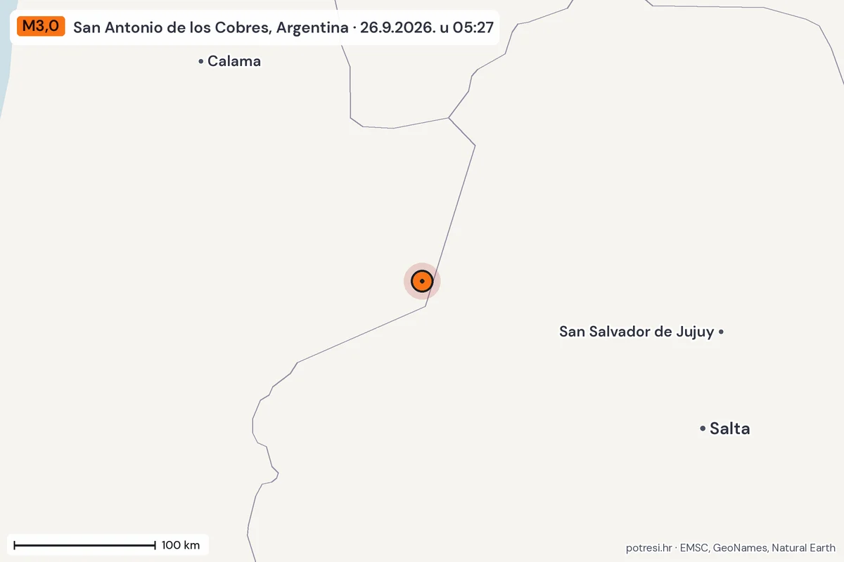 Karta: šire područje, 600 km, potres M3,0, San Antonio de los Cobres, Argentina, 26.9.2026.