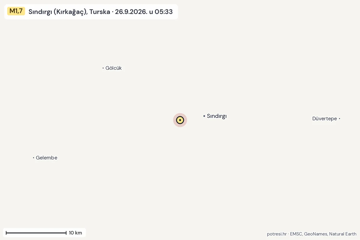 Karta: okolica epicentra, 60 km, potres M1,7, Sındırgı (Kırkağaç), Turska, 26.9.2026.