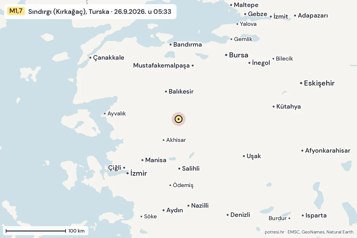 Karta: šire područje, 600 km, potres M1,7, Sındırgı (Kırkağaç), Turska, 26.9.2026.