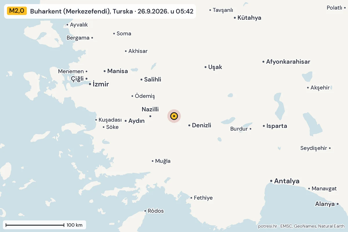Karta: šire područje, 600 km, potres M2,0, Buharkent (Merkezefendi), Turska, 26.9.2026.