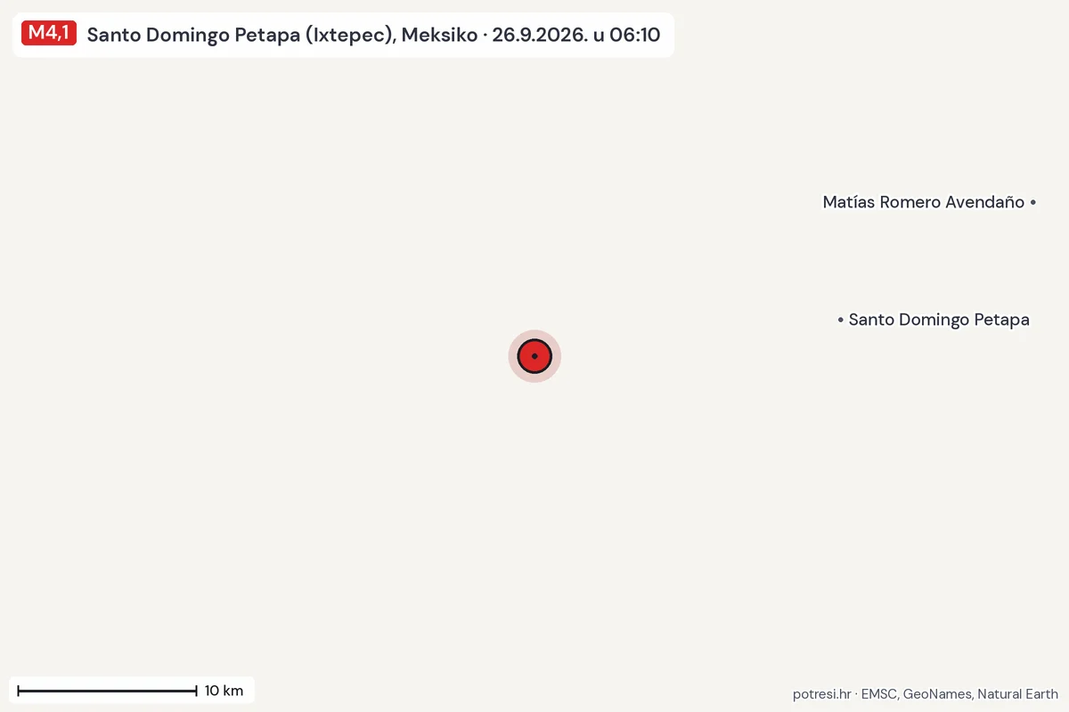 Karta: okolica epicentra, 60 km, potres M4,1, Santo Domingo Petapa (Ixtepec), Meksiko, 26.9.2026.