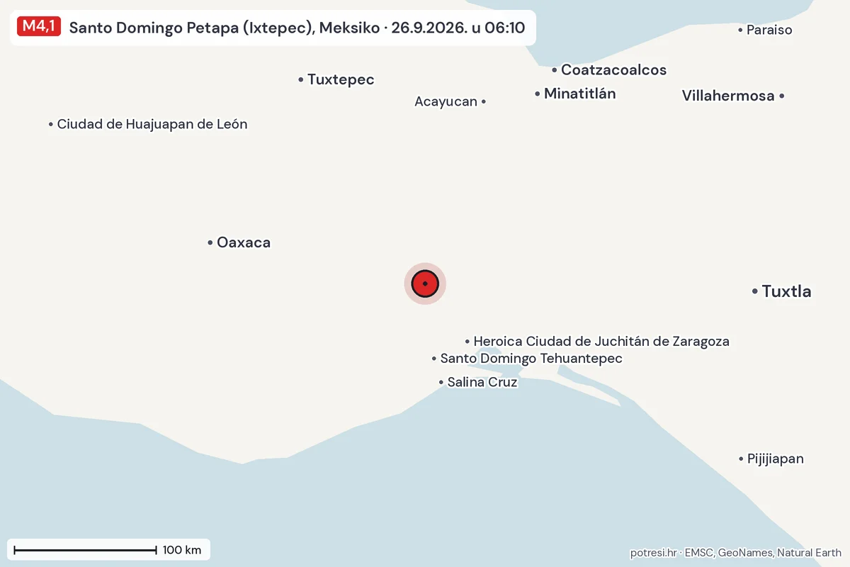 Karta: šire područje, 600 km, potres M4,1, Santo Domingo Petapa (Ixtepec), Meksiko, 26.9.2026.