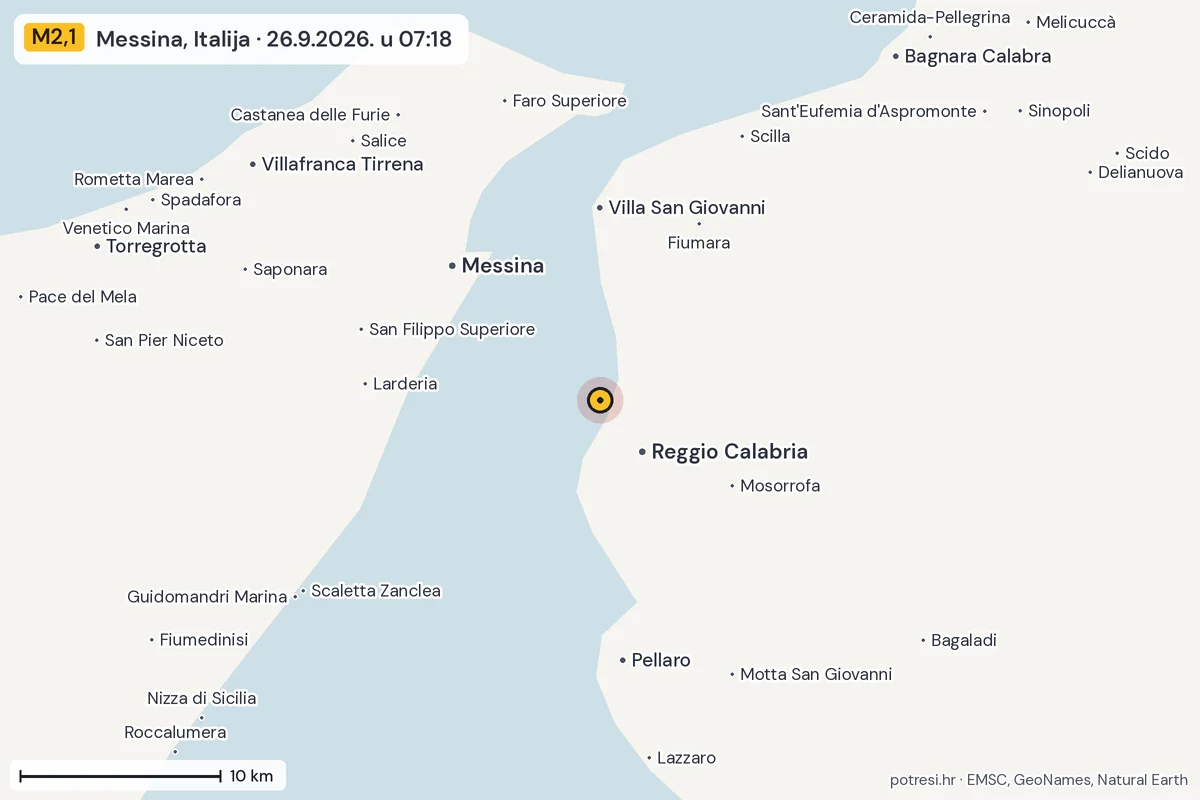 Karta: okolica epicentra, 60 km, potres M2,1, Messina, Italija, 26.9.2026.