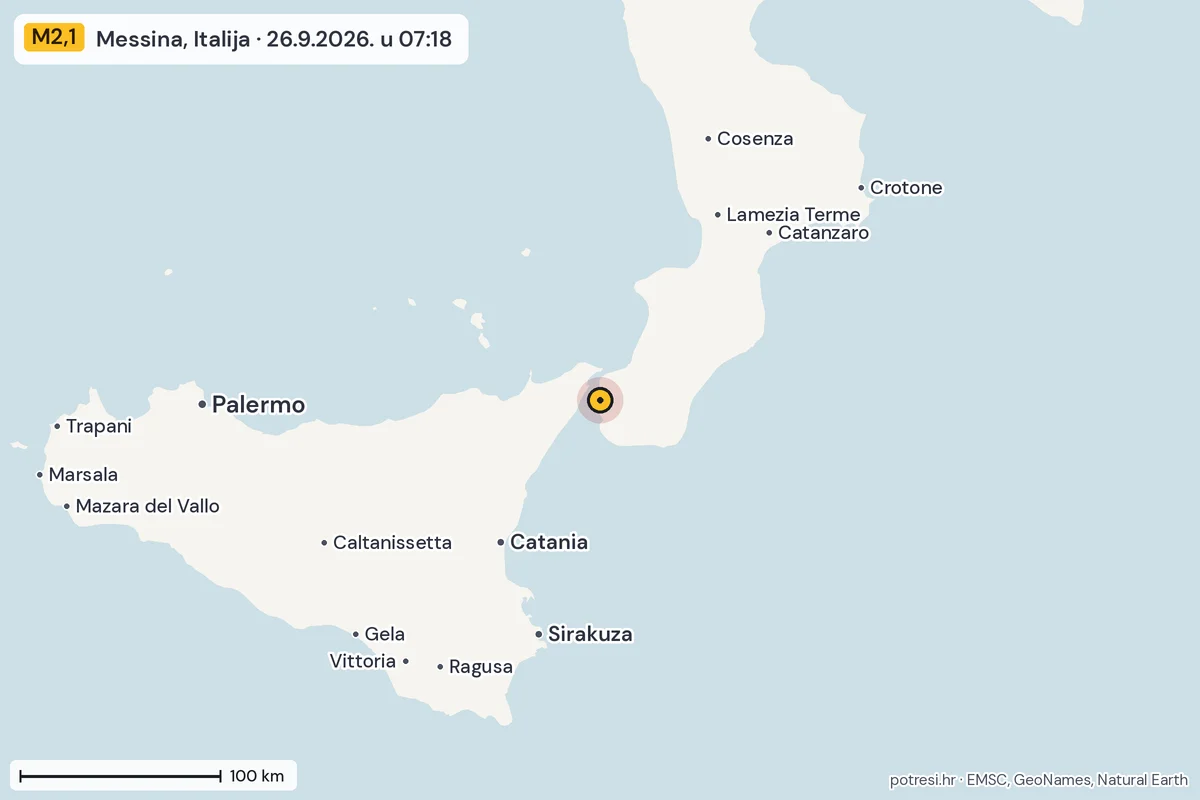 Karta: šire područje, 600 km, potres M2,1, Messina, Italija, 26.9.2026.